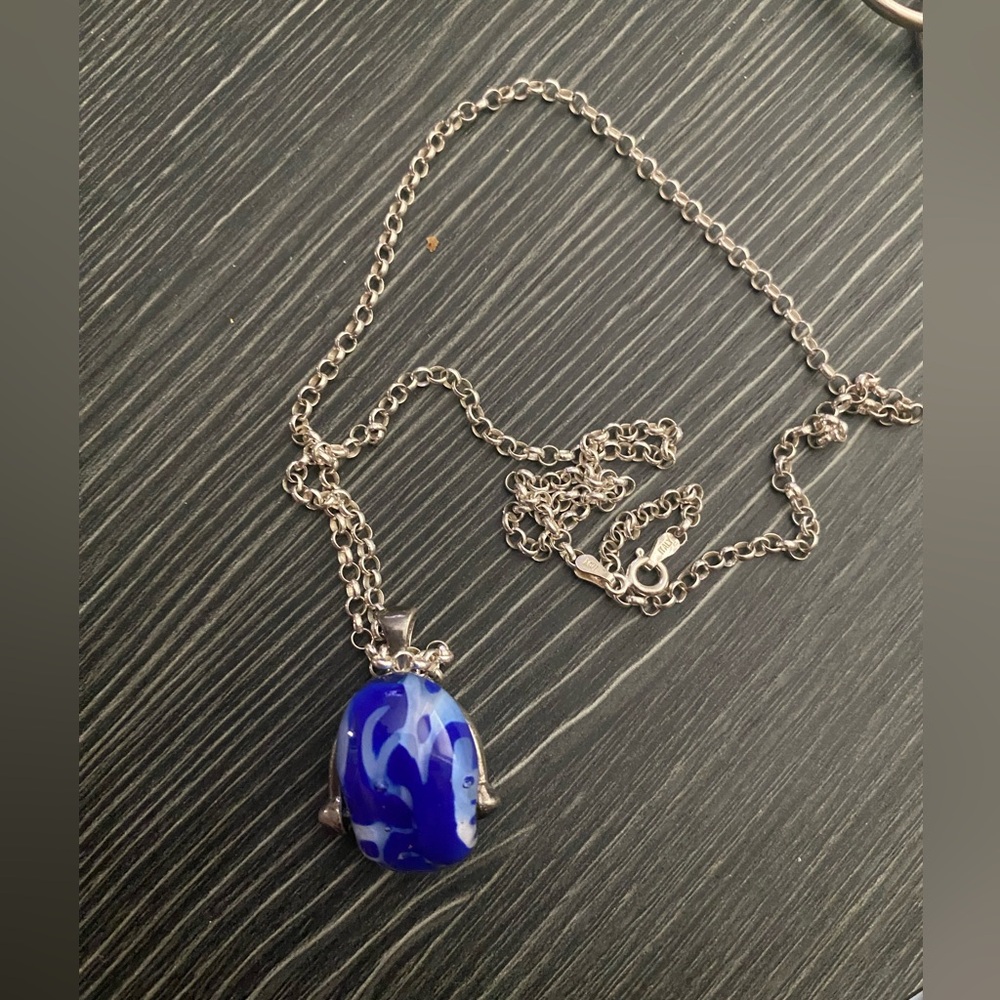 Sterling Silver Necklace italy with Blue Glass Pendant - Women's Jewelry